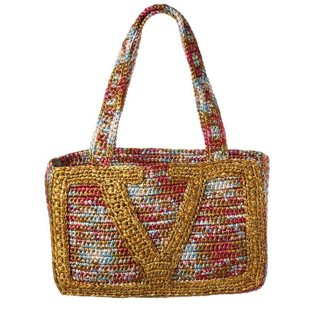 Valentino Vlogo Signature Medium Raffia Tote, Yellow